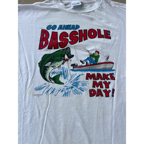 Vintage Go Ahead Basshole Graphic T-Shirt Large Tultex Fishing Humor S3 - Picture 2 of 5